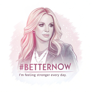 Britney Spears in a stylized, pastel-colored portrait. Simple white background. Caption reads: '#BetterNow - I'm feeling stronger every day.'