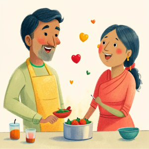 indian 35yo couple laughing happily in kitchen while cooking