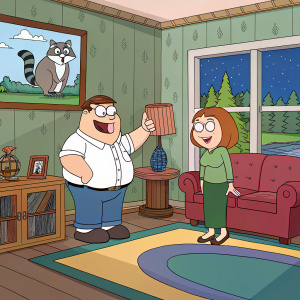In a cozy living room setting, Peter Griffin gives a thumbs-up while Meg Griffin stands nearby. A large window behind them shows a raccoon. Colorful backdrop with Family Guy style illustration.