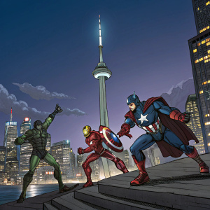 Comic book illustration of Marvel Avengers. Stark tower in background, city skyline visible. Night scene, vibrant colors, dynamic poses.