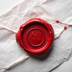 A red wax seal on a crumpled paper on white background 
