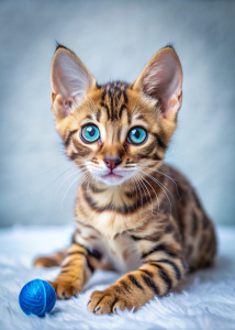 foto Bengal weis mit blauen augen kätzchen mit spielzeug studio style