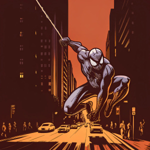 Detailed sketch of Spider-Man swinging through a bustling city at night, black and white