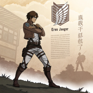 Illustration of Attack on Titan's Eren Jaeger in combat pose. Silhouette with Spanish text explaining character details.
