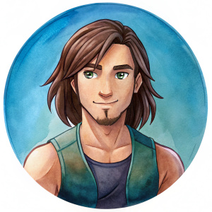 roundel profile picture, long hair young man, muscle, chibi style