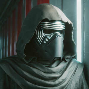 Concept art of a sleek, modern Kylo Ren helmet. The mask features a minimalist, low-poly design with sharp edges and stark gray and black color scheme. Set against a vibrant red backdrop, emphasizing the futuristic aesthetic and geometric details.