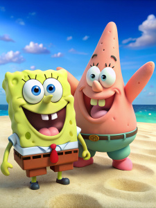 Spongebob and patrick take a photo together laughing
