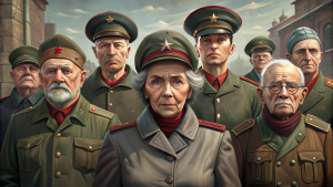 elderly people in the costumes of Soviet ordinary soldiers