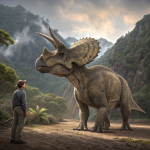 3D rendering of Coahuilaceratops standing next to a human-like figure. Digital art