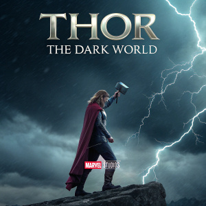 Chris Hemsworth standing heroically with Mjolnir in a thunderstorm. Poster for Thor: The Dark World. Marvel Studios branding