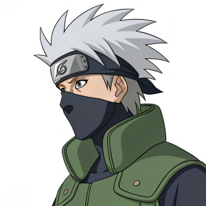Notable character Kakashi Hatake from Naruto. Wearing mask, green outfit, headband with emblem. Gray spiky hair.