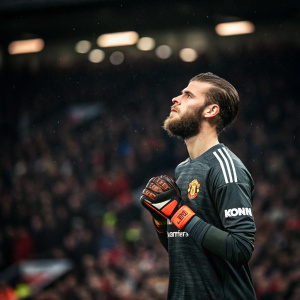 David De Gea, a soccer goalkeeper, intense look, beard, standing in a stadium with blurry crowd. Wearing Manchester United jersey and goalkeeper gloves, under stadium lights