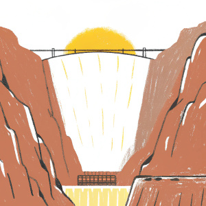 Colossal Hoover Dam, standing tall over the Colorado River, showcasing human innovation with its 726 feet height and 1,244 feet width. Rocky terrain with brown and crimson hues rises sharply on both sides. Long shadows at sunset highlight the dam's immense scale.
