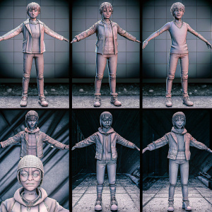 Several 3D models showcasing a variety of character designs and dynamic poses, focusing mainly on the characters themselves.