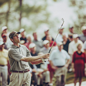 Jim Furyk on the golf course, intense focus on his golf swing. Gray polo shirt, khaki pants. Diverse crowd in the background blurred.
