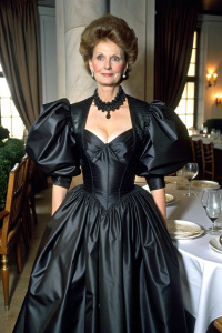 40 yo attractive lady wearing Victorian shiny black satin dress, very narrow waist and massive pushed up bosom. long puff sleeves, floor length skirt with petticoat. snug white pearl choker. sitting at dinner table.  head and bust view