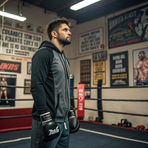 Carlos Condit, MMA fighter, standing in a gym. Wearing training gear. Surrounded by posters and motivational quotes.