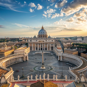Aerial view of St Peter's Basilica, Vatican City. Weather: clear sky, light clouds. Famous dome, square, statues, fountain visible.