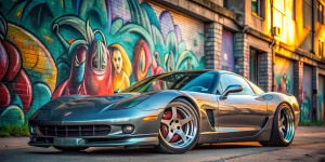 Corvette, C5, race, street rod, oversized wheels, very detailed rims, lowered, stanced, slammed, super wide body kit, cinematic street with graffiti art in background