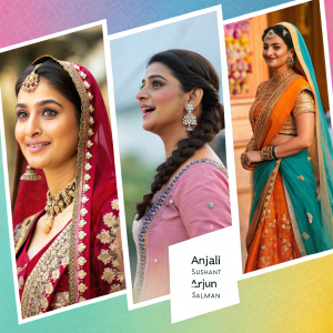 A collage of Bollywood actresses in vibrant traditional attire. List of names at bottom.