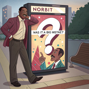 Eddie Murphy standing confidently beside a colorful movie poster for 'Norbit'. The poster features bold, playful graphics and a large question mark asking 'Was It A Big Mistake?'