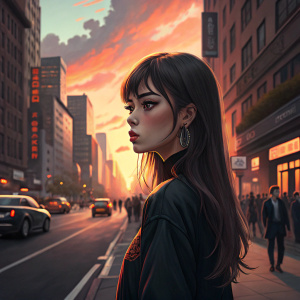 Serious young Asian woman, long straight hair with bangs, black top, dramatic eye makeup. Standing alone on a bustling city street at sunset.