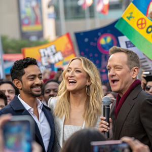 Riz Ahmed, Kate Hudson, and Kiefer Sutherland, at a vibrant outdoor press conference. They are surrounded by excited fans and media.