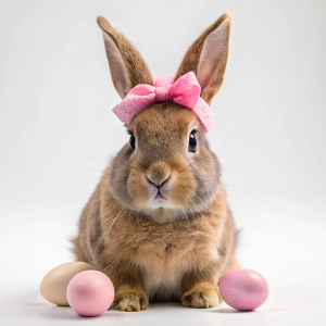 brown easter rabbit with pink hearband and eggs on white background ...