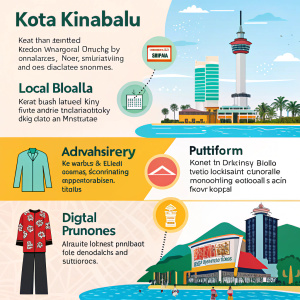 Promotional infographic highlighting Kota Kinabalu, Malaysia. Featuring local clothing, vibrant advertisements, and digital platform promotions.