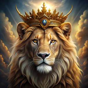 A majestic lion with a golden crown, representing Jesus as the Lion of the Tribe of Judah and the King of Truth. This can symbolize the strength and authority of Scripture as a source of truth and spiritual power.