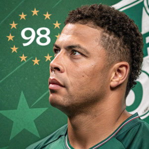 Close-up of Ronaldo Nazario, determined look, curly hair. Green background with stars and '98'.