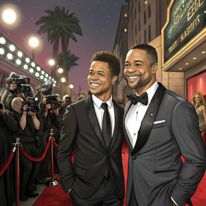 Spencer Gooding and Cuba Gooding Jr. at the star-studded premiere of 'American Horror Story: Hotel'. A glamorous red carpet with flashing cameras and paparazzi.