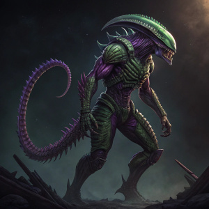 The Alien from the Alien series, depicted in a menacing pose with a body covered in hues of green and purple. It has a muscular, snake-like physique, equipped with a long tail and sharp appendages.