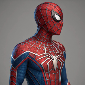 Illustration of Spider-Man suit. Created by Arachnid Studios. Detailed design of web patterns and components. Red and blue color scheme