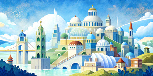 White illustration, Wes Anderson aesthetics  style, surreal collage of many complex sophistic buildings and bridges, huge ocean and sky, white color, grainy paper