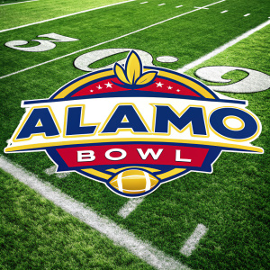 A crisp high-resolution image of the Alamo Bowl logo. Stylized design on a vibrant green football field. Clear field lines. Logo in blue, yellow, red and white colors.