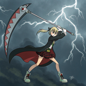 Maka Albarn from Soul Eater anime, action pose, surrounded by dark clouds and lightning in the background.