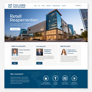 Homepage for Colliers International. Focused on retail tenant representation services. Modern layout with sections dedicated to services, team, and client testimonials. Utilizes branding and partner logos throughout the design.