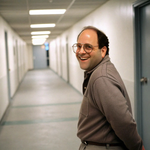 Jerry Seinfeld's buddy, George Costanza, sporting round glasses and a friendly grin. Stands in an empty hallway