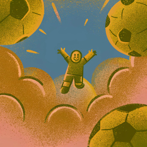 Cartoon illustration of Arjen Robben. Robben is depicted in a whimsical soccer-themed setting, surrounded by animated soccer balls and players. Bright, blue background with playful design.