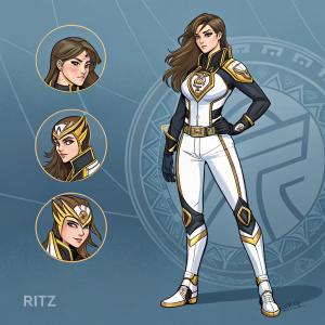 Digital illustration of Ritz, a female anime-inspired character. Feminine appearance with confident stance. Tight-fitting and detailed outfit in whites, blacks, and gold. Multiple angles including close-up detail inset. Muted blue background highlighting detailed design.