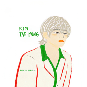 Pencil drawing of Kim Taehyung, close-up sketch highlighting his facial features and upper body. Signed by Terrence Esguerra.