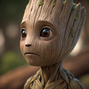 A detailed close-up of Baby Groot's face. Lifelike and organic texture. Neutral expression.