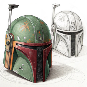 Two versions of Boba Fett's helmet side by side. One meticulously detailed, the other sketchy and rough. Both against plain white background
