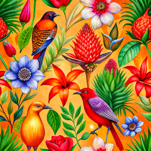 exotic orange craft paper with  purple -red  exotic fantastic birds   and  yellow exotic flowers  and white  wild flowers ,flame  sweet paes, red  artichokes ,gladiolus 