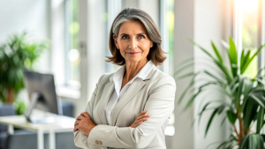 a confident Latin middle-aged businesswoman stands in her office with her arms crossed, looking directly at the camera for a portrait