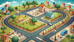 town road map with many crossings. Cartoon illustration