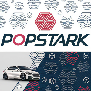 Creative graphic showcasing a sleek logo for Popstark. Abstract design with repeating geometric shapes in varying sizes. Includes details on the design process and its usage in digital and print formats.
