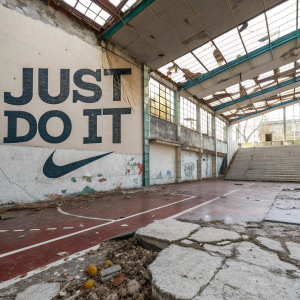A decaying sports arena, walls scarred with graffiti, now adorned with Nike's 'Just Do It' slogan and the iconic Swoosh logo, contrasting against the backdrop of neglect and abandonment, highlighting resilience and determination.