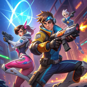 Digital art featuring Tracer, Soldier: 76, and D.Va from Overwatch. Vibrant, colorful cartoon style. Each character wears unique costumes and holds iconic weapons. They pose dynamically, mid-action, in a futuristic setting.